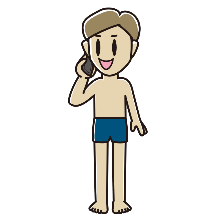 スマホで電話するスクール水着の男性のイラスト【色あり、背景なし】透過PNG