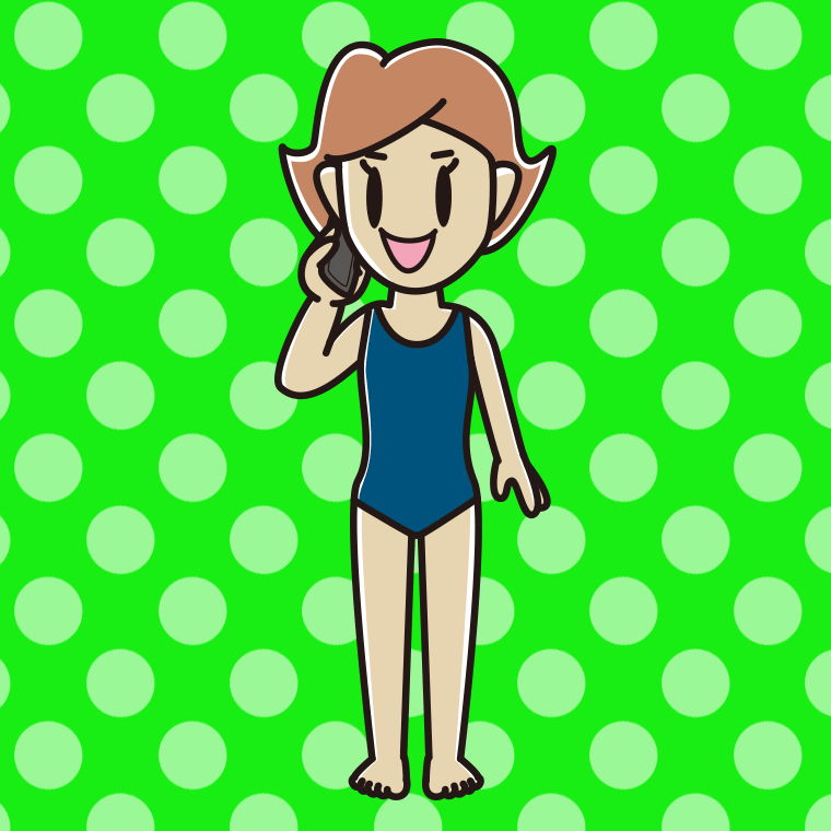 スマホで電話するスクール水着の女性のイラスト【色、背景あり】PNG