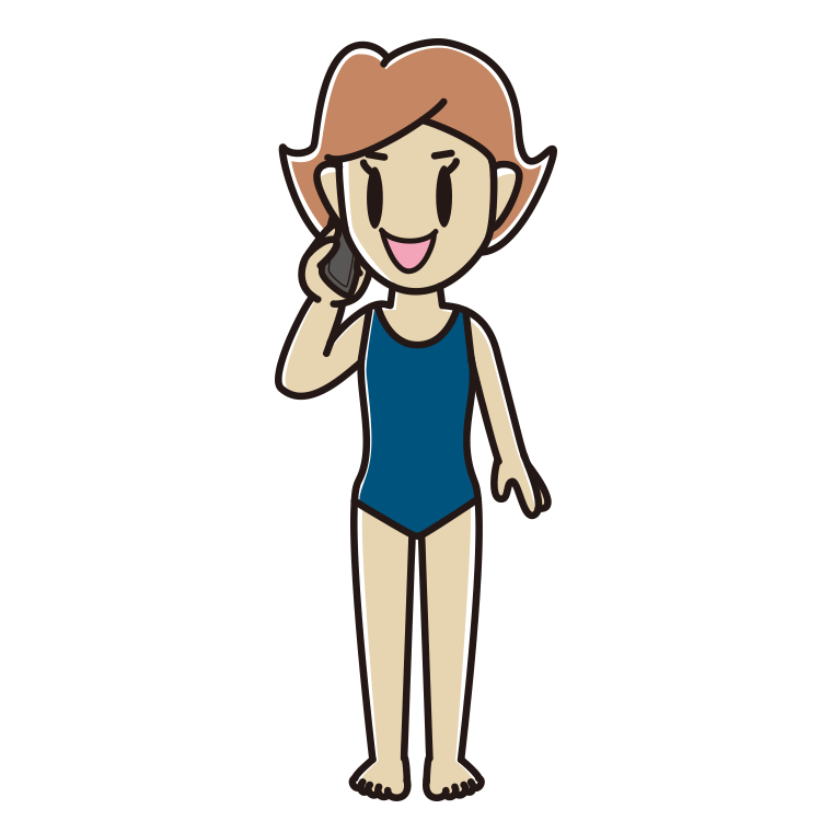 スマホで電話するスクール水着の女性のイラスト【色あり、背景なし】透過PNG