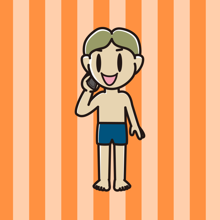 スマホで電話するスクール水着の小学生男子のイラスト【色、背景あり】PNG