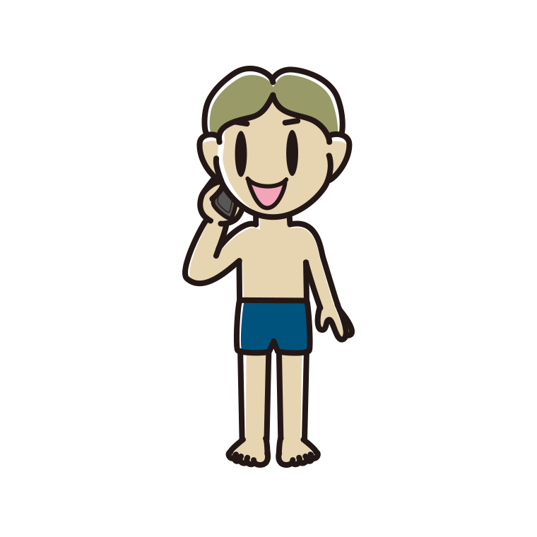 スマホで電話するスクール水着の小学生男子のイラスト【色あり、背景なし】透過PNG