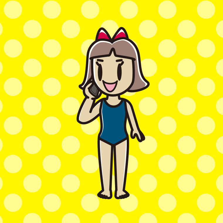 スマホで電話するスクール水着の小学生女子のイラスト【色、背景あり】PNG