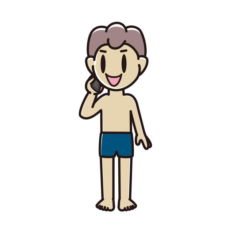 スマホで電話するスクール水着の男子中学生のイラスト【色あり、背景なし】透過PNG