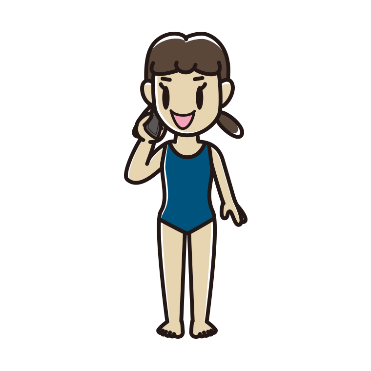 スマホで電話するスクール水着の女子中学生のイラスト【色あり、背景なし】透過PNG