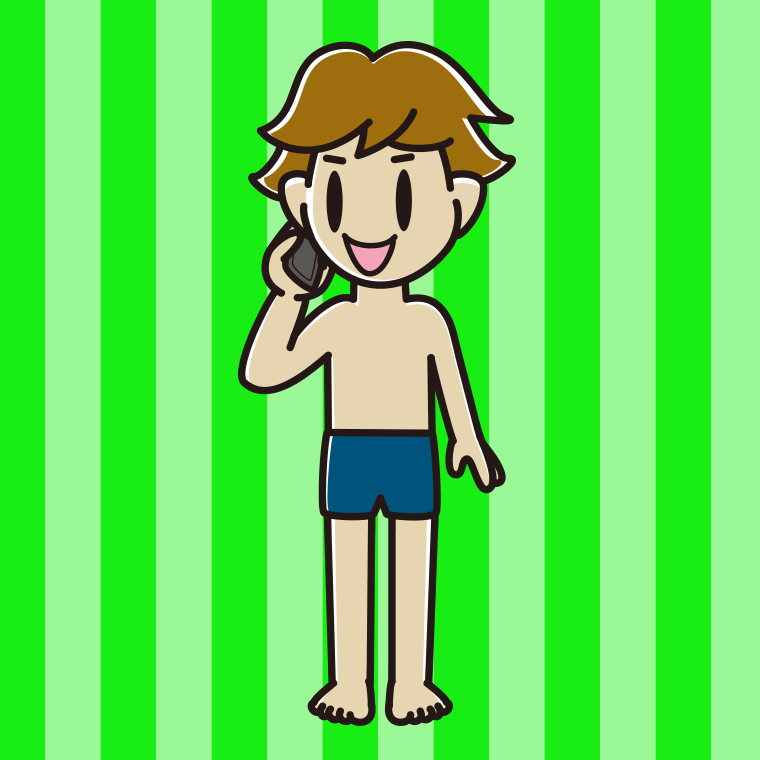 スマホで電話するスクール水着の男子高校生のイラスト【色、背景あり】PNG