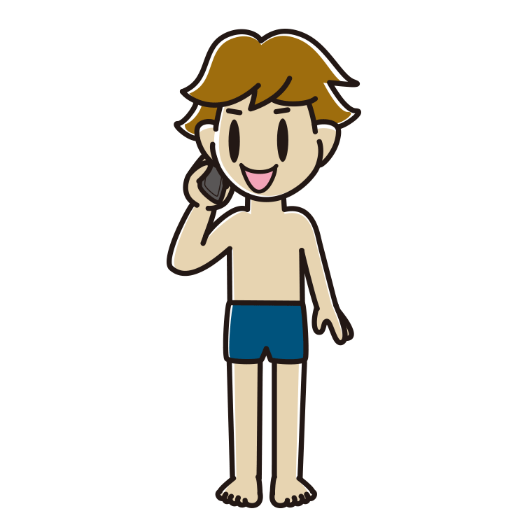 スマホで電話するスクール水着の男子高校生のイラスト【色あり、背景なし】透過PNG