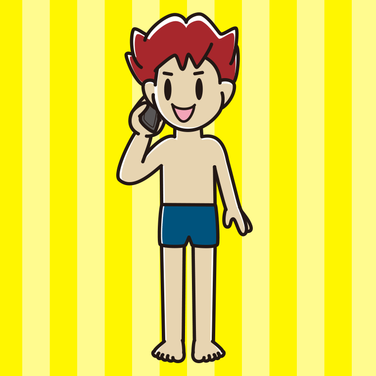 スマホで電話するスクール水着の男子大学生のイラスト【色、背景あり】PNG