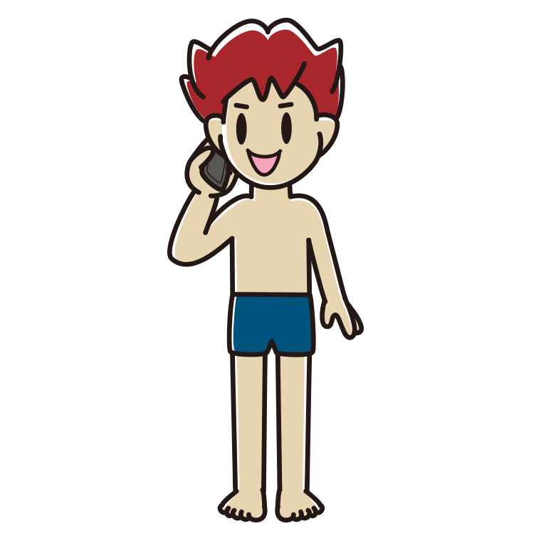 スマホで電話するスクール水着の男子大学生のイラスト【色あり、背景なし】透過PNG