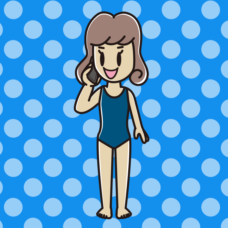 スマホで電話するスクール水着の女子大学生のイラスト【色、背景あり】PNG