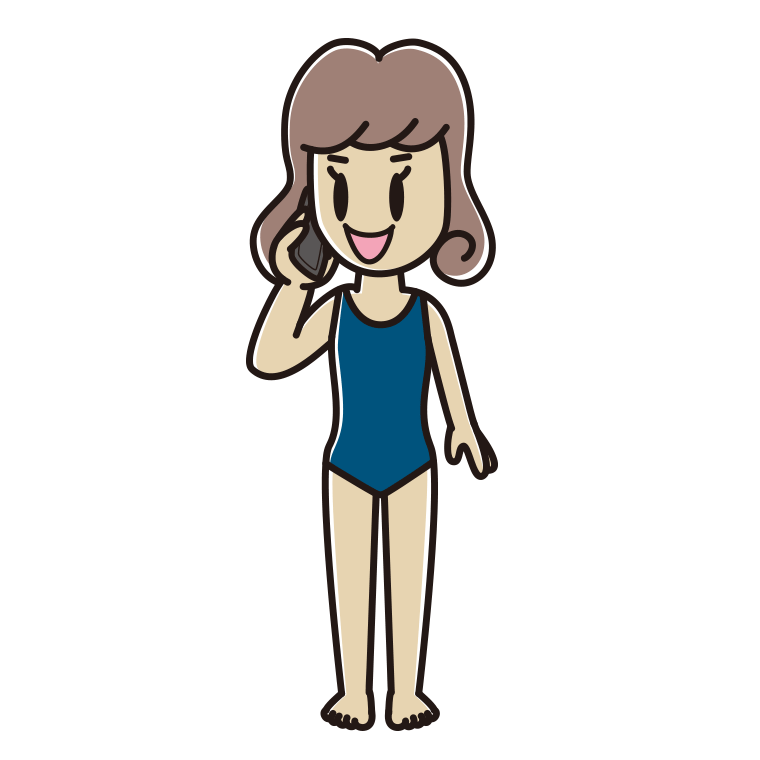 スマホで電話するスクール水着の女子大学生のイラスト【色あり、背景なし】透過PNG