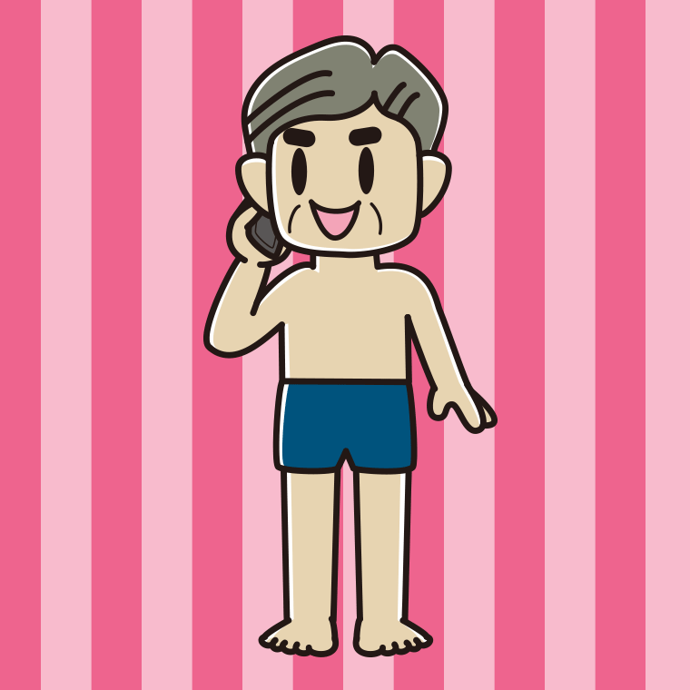 スマホで電話するスクール水着のおじさんのイラスト【色、背景あり】PNG
