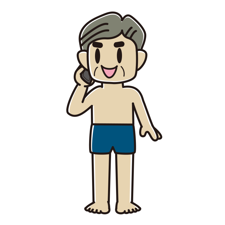スマホで電話するスクール水着のおじさんのイラスト【色あり、背景なし】透過PNG