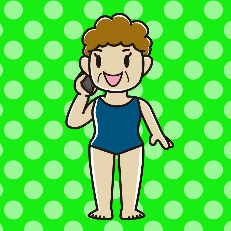 スマホで電話するスクール水着のおばさんのイラスト【色、背景あり】PNG