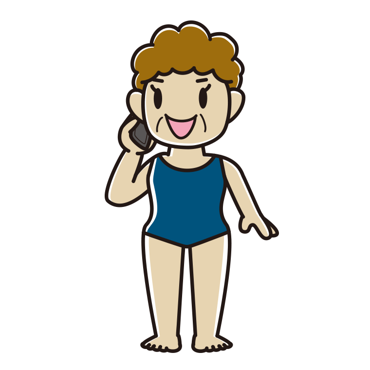 スマホで電話するスクール水着のおばさんのイラスト【色あり、背景なし】透過PNG