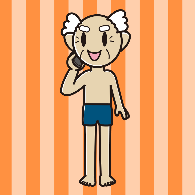 スマホで電話するスクール水着のおじいさんのイラスト【色、背景あり】PNG