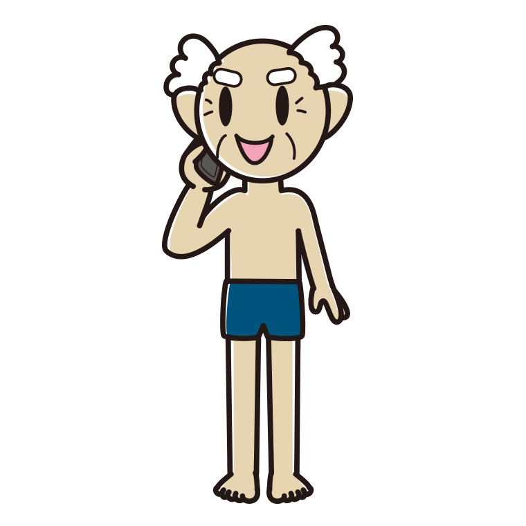 スマホで電話するスクール水着のおじいさんのイラスト【色あり、背景なし】透過PNG