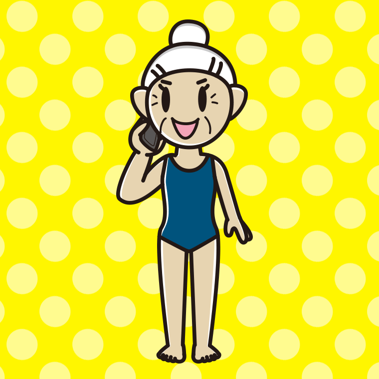 スマホで電話するスクール水着のおばあさんのイラスト【色、背景あり】PNG