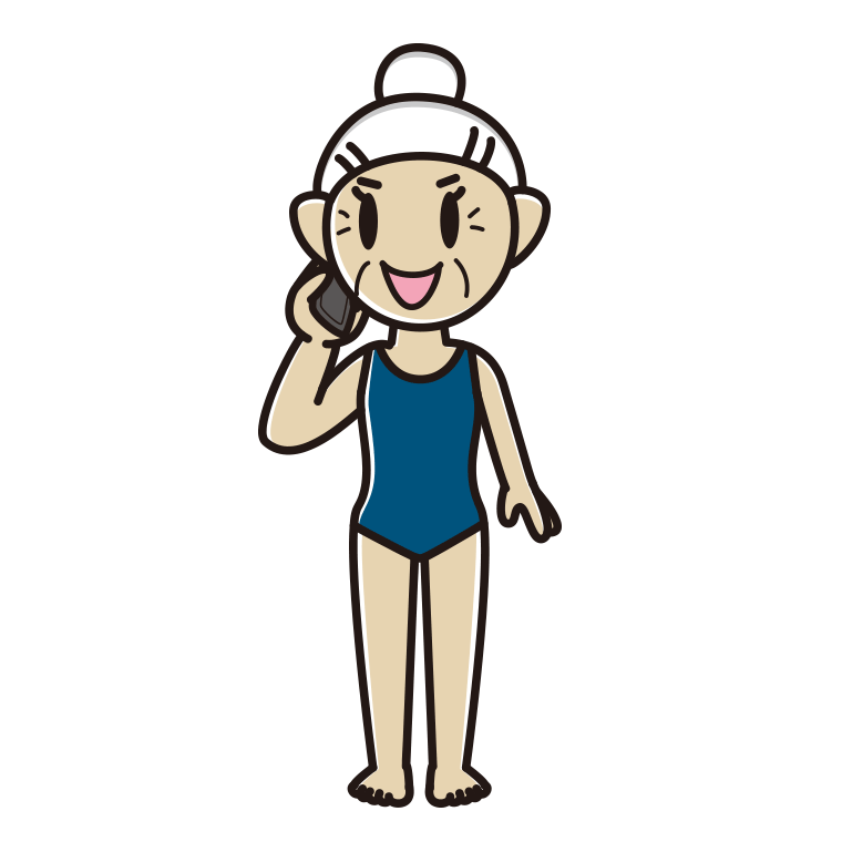 スマホで電話するスクール水着のおばあさんのイラスト【色あり、背景なし】透過PNG