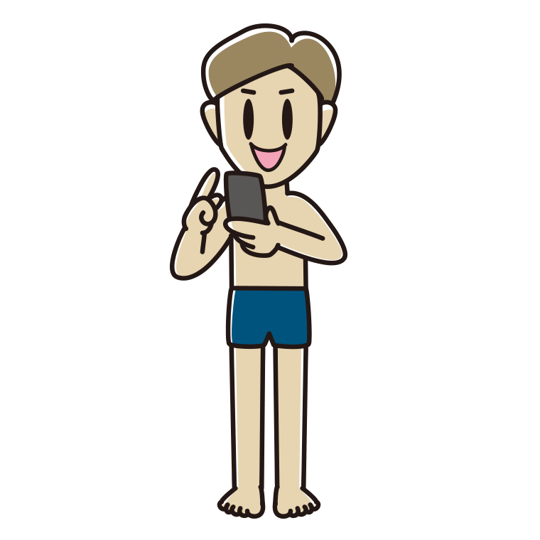 スマホを使うスクール水着の男性のイラスト【色あり、背景なし】透過PNG
