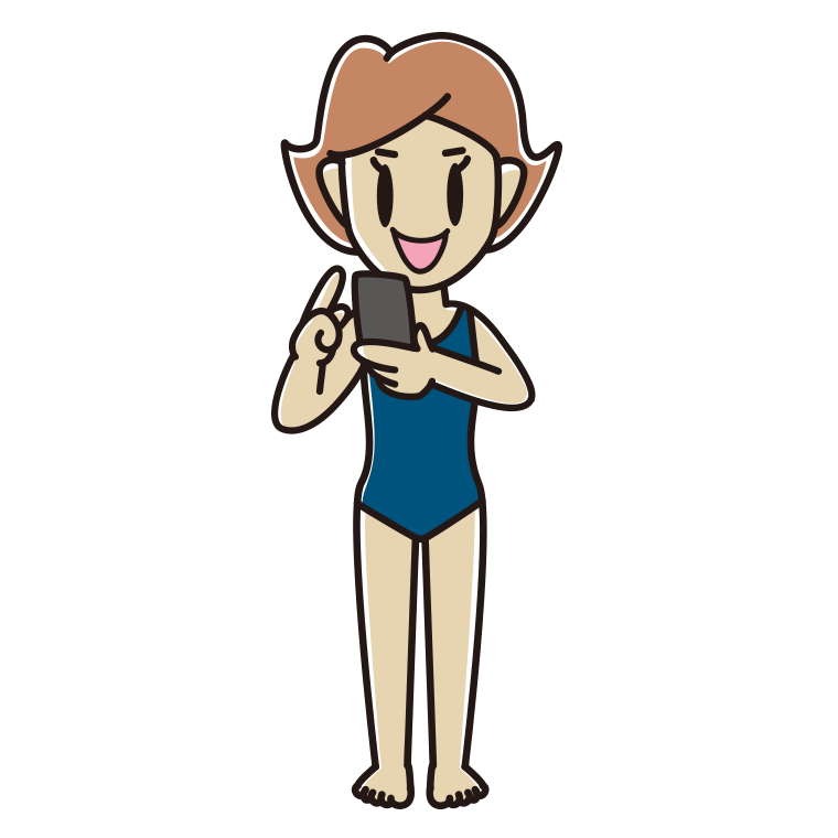 スマホを使うスクール水着の女性のイラスト【色あり、背景なし】透過PNG