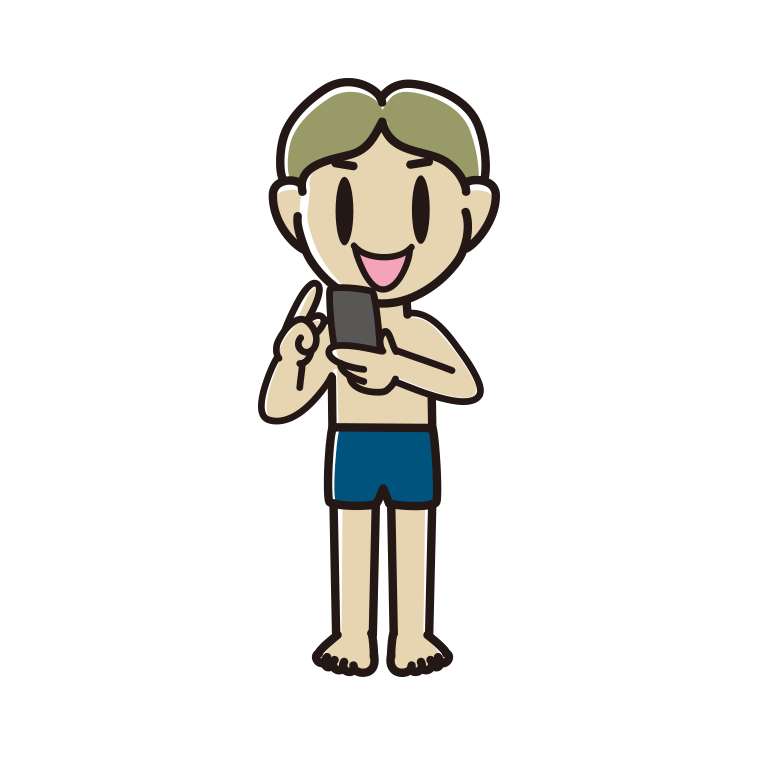スマホを使うスクール水着の小学生男子のイラスト【色あり、背景なし】透過PNG
