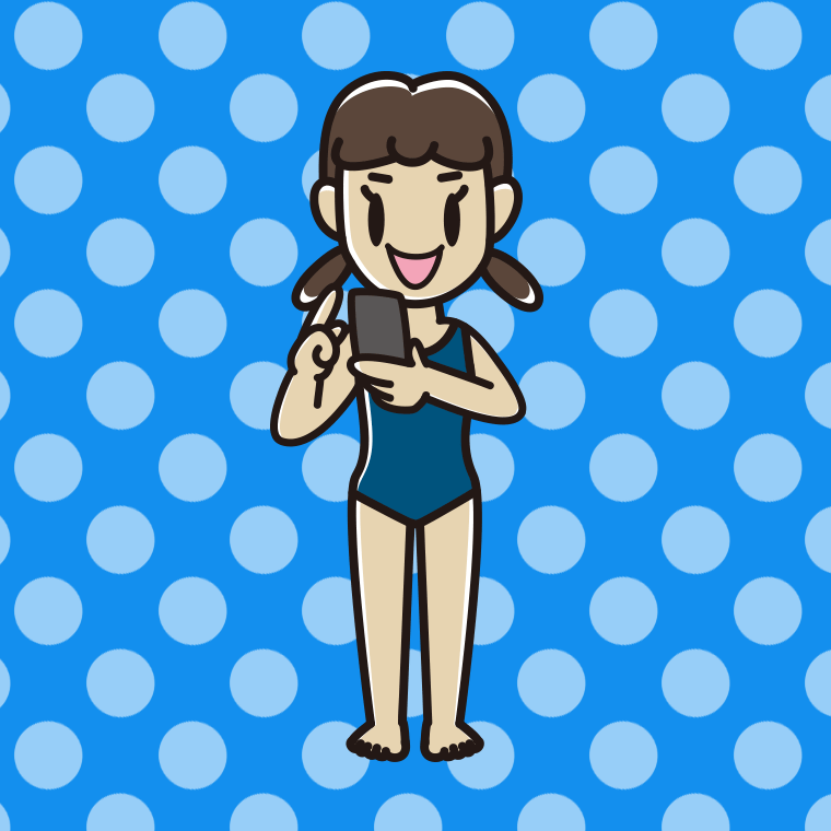 スマホを使うスクール水着の女子中学生のイラスト【色、背景あり】PNG