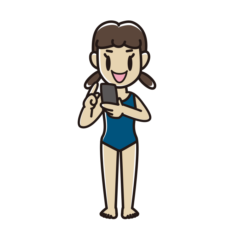 スマホを使うスクール水着の女子中学生のイラスト【色あり、背景なし】透過PNG
