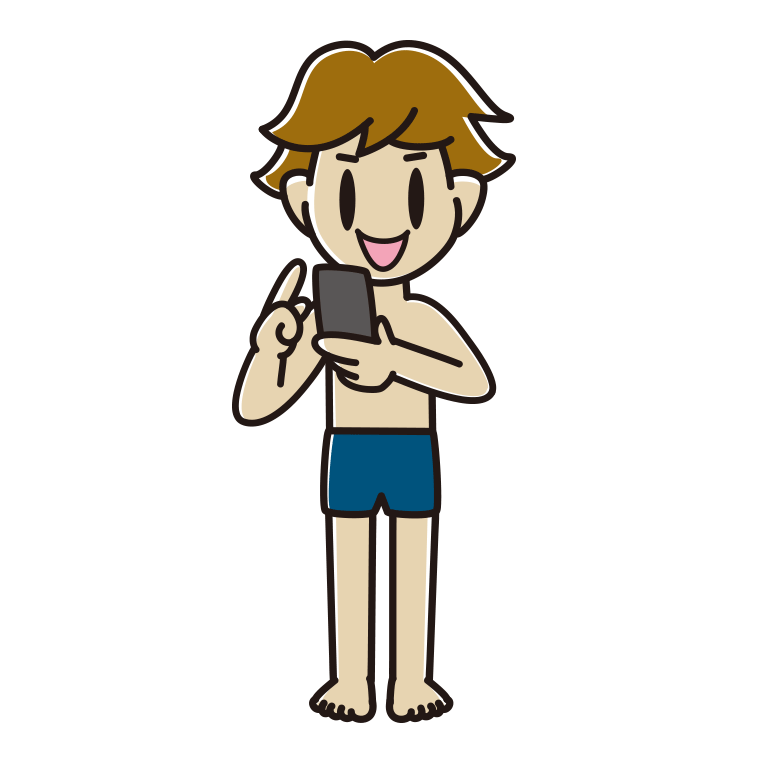 スマホを使うスクール水着の男子高校生のイラスト【色あり、背景なし】透過PNG