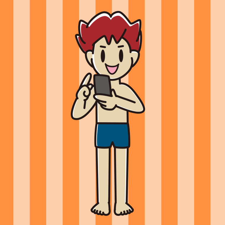 スマホを使うスクール水着の男子大学生のイラスト【色、背景あり】PNG