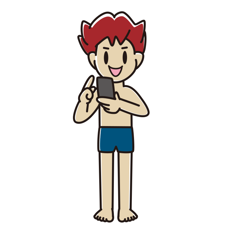 スマホを使うスクール水着の男子大学生のイラスト【色あり、背景なし】透過PNG