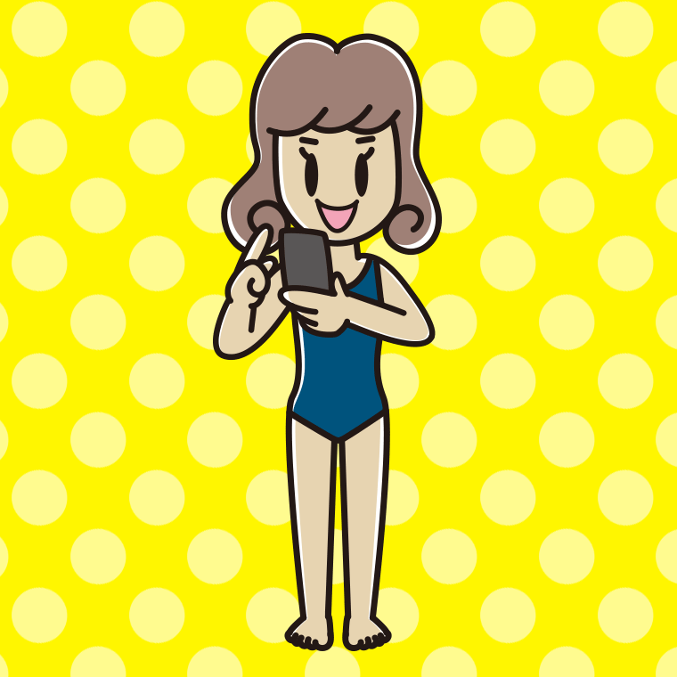スマホを使うスクール水着の女子大学生のイラスト【色、背景あり】PNG