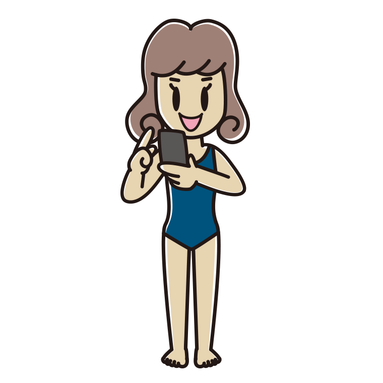 スマホを使うスクール水着の女子大学生のイラスト【色あり、背景なし】透過PNG