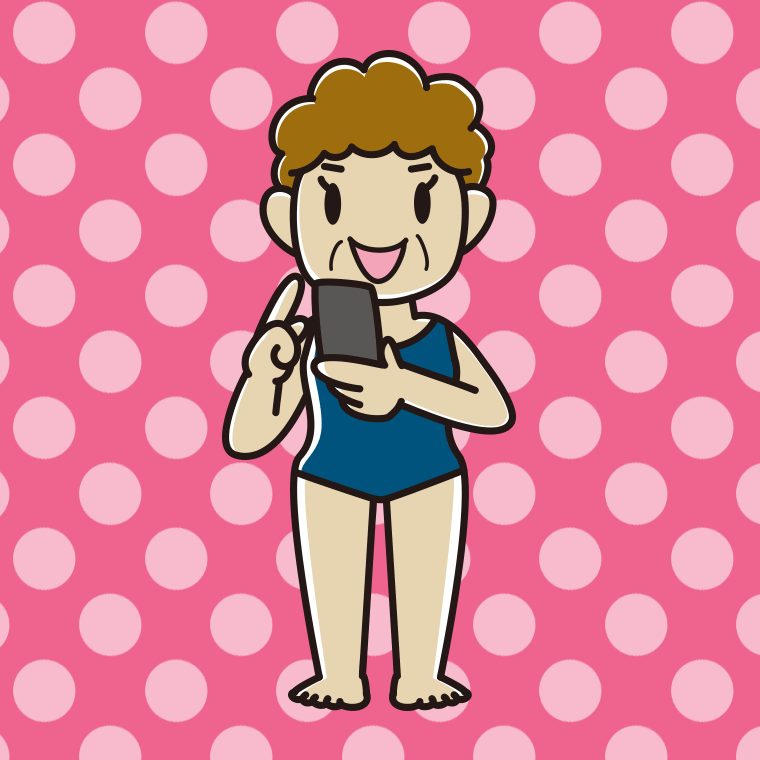 スマホを使うスクール水着のおばさんのイラスト【色、背景あり】PNG