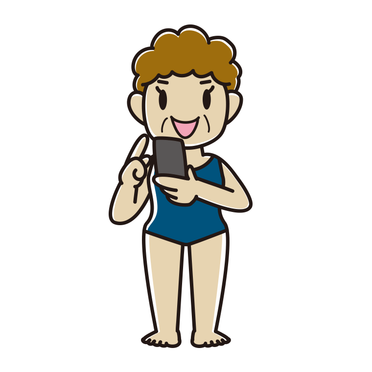 スマホを使うスクール水着のおばさんのイラスト【色あり、背景なし】透過PNG