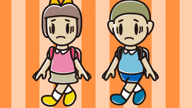 通学中に困る新小学一年生のイラスト【色、背景あり】PNG