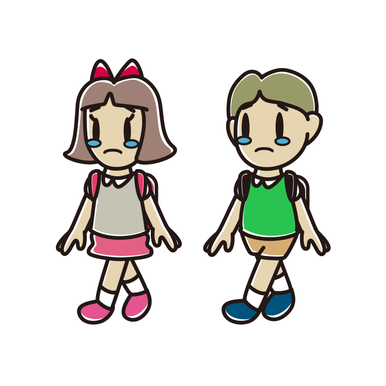 泣きながら通学する小学生のイラスト【色あり、背景なし】透過PNG