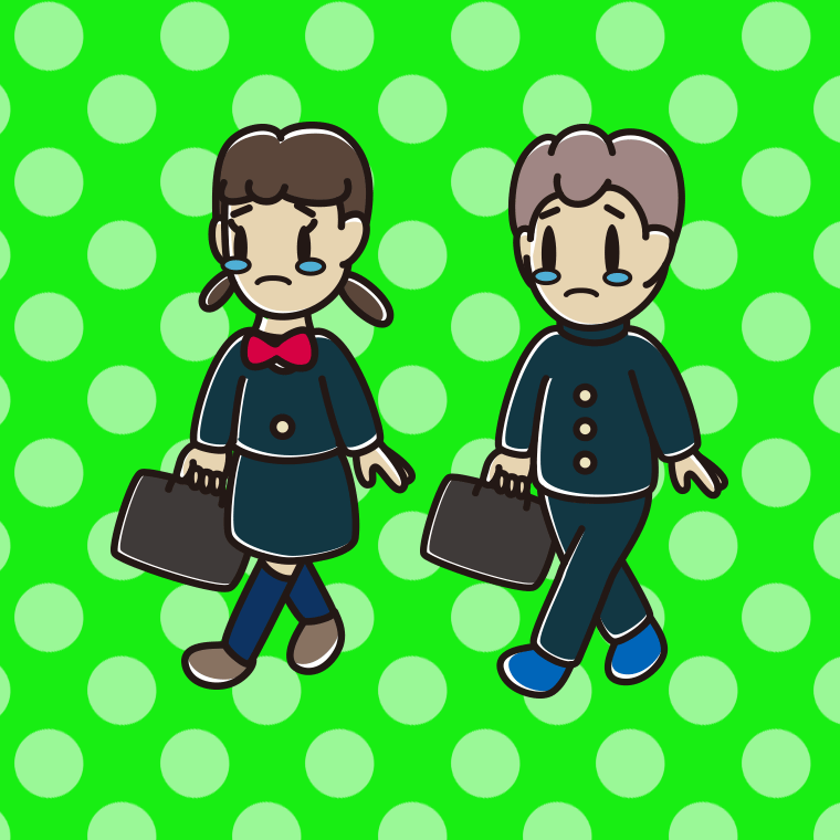 泣きながら通学する中学生のイラスト【色、背景あり】PNG
