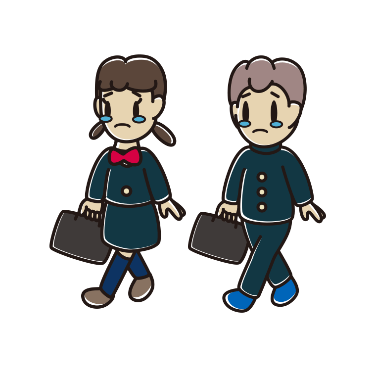 泣きながら通学する中学生のイラスト【色あり、背景なし】透過PNG