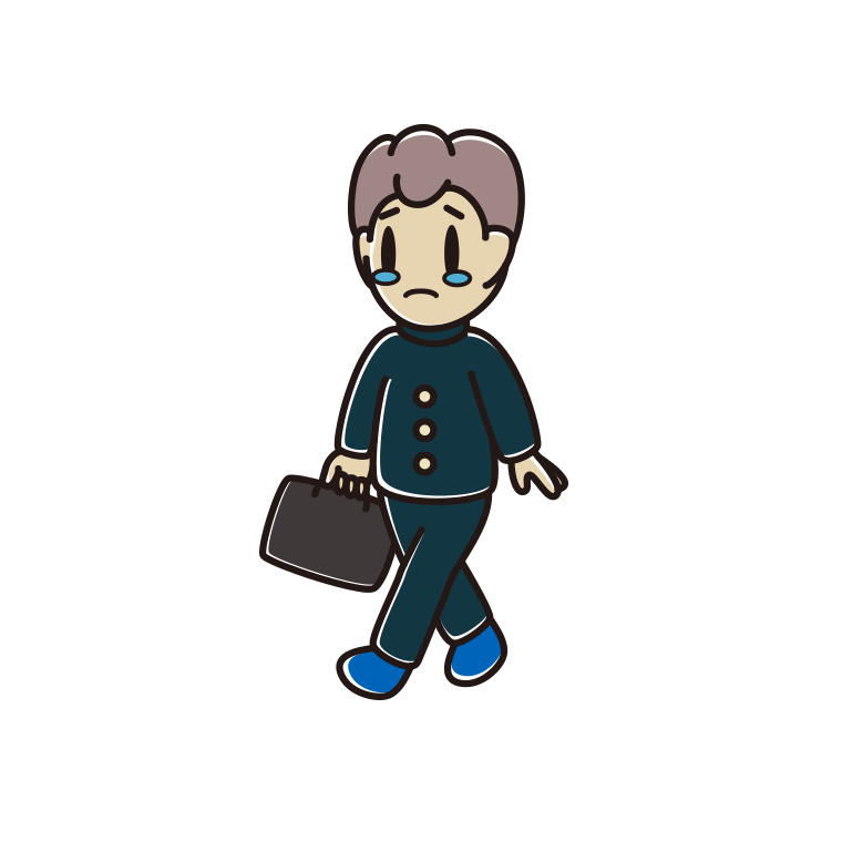 泣きながら通学する男子中学生のイラスト【色あり、背景なし】透過PNG