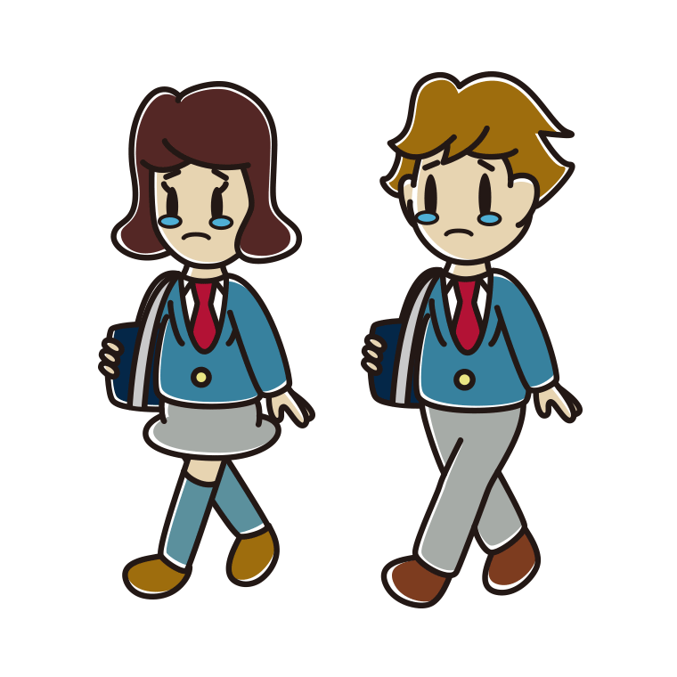 泣きながら通学する高校生のイラスト【色あり、背景なし】透過PNG