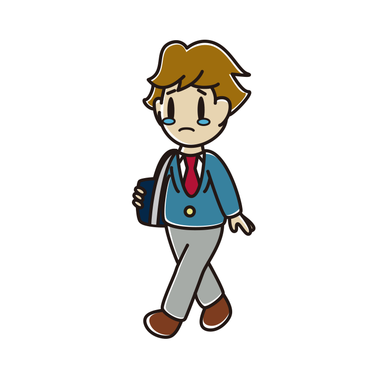 泣きながら通学する男子高校生のイラスト【色あり、背景なし】透過PNG