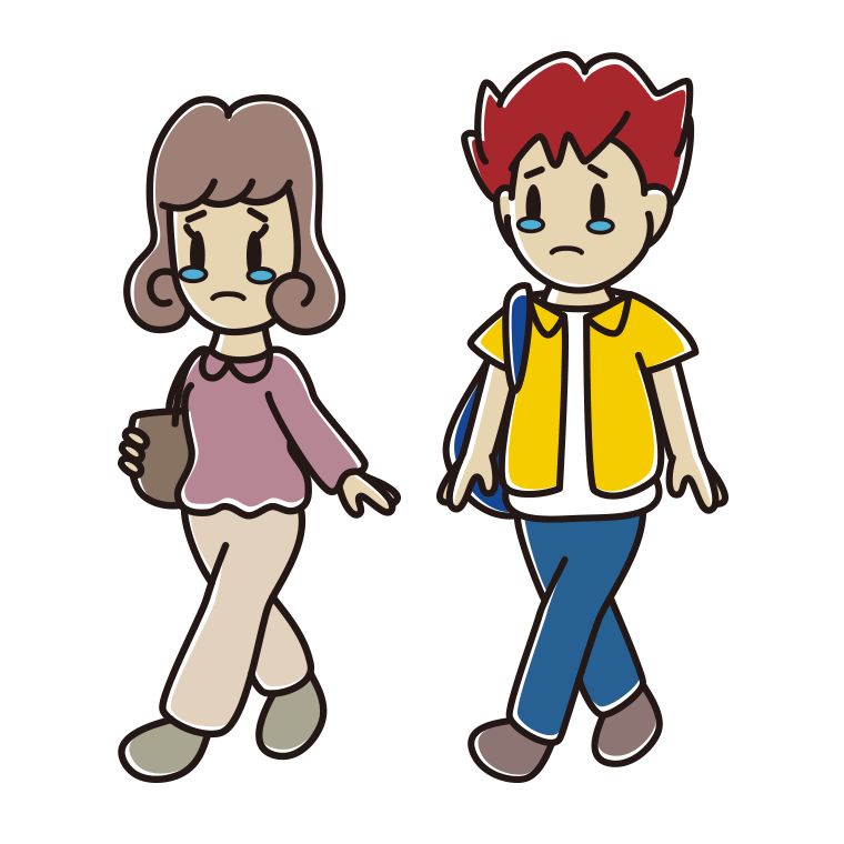 泣きながら通学する大学生のイラスト【色あり、背景なし】透過PNG