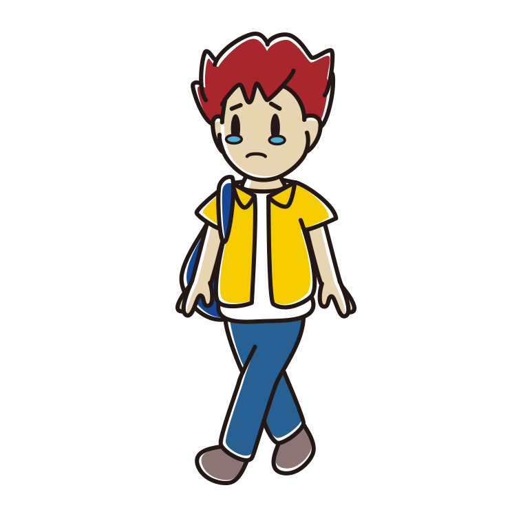 泣きながら通学する男子大学生のイラスト【色あり、背景なし】透過PNG