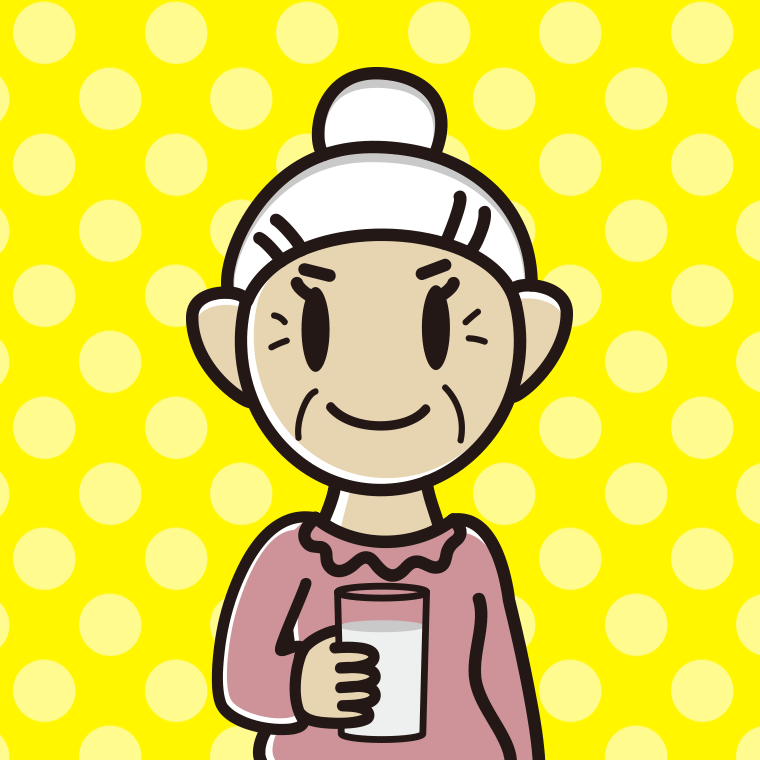 牛乳を飲むおばあさんのイラスト【色、背景あり】PNG