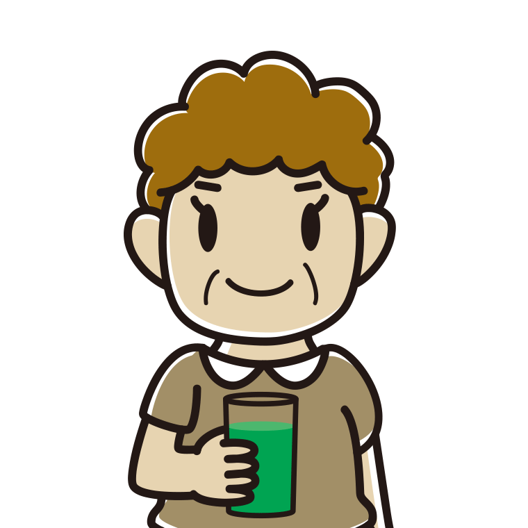 青汁を飲むおばさんのイラスト【色あり、背景なし】透過PNG