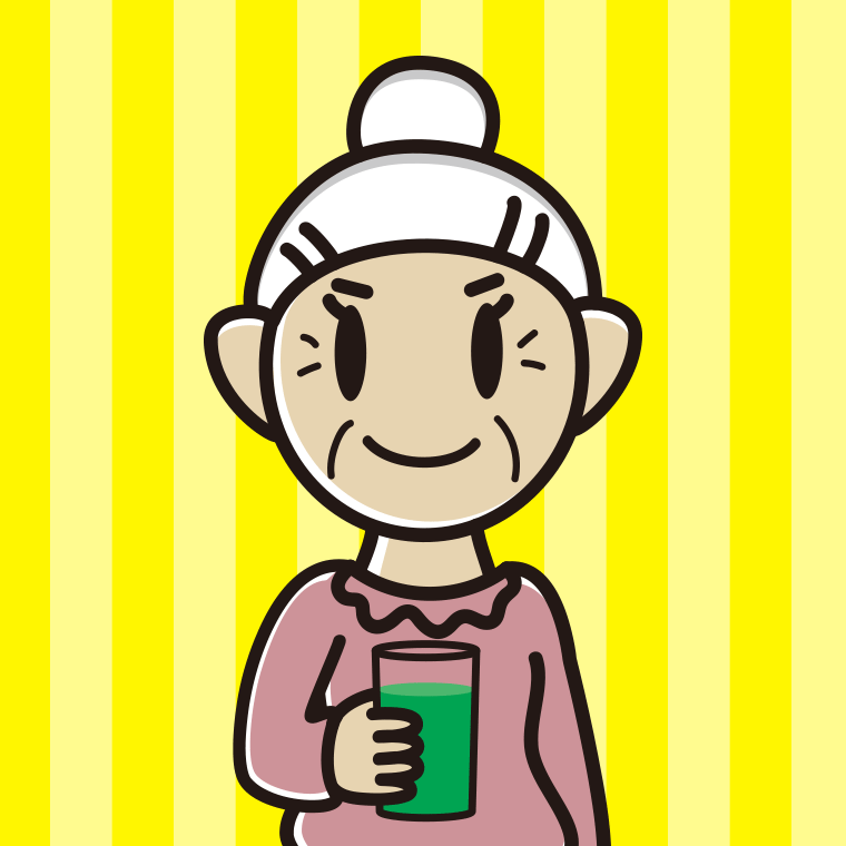 青汁を飲むおばあさんのイラスト【色、背景あり】PNG