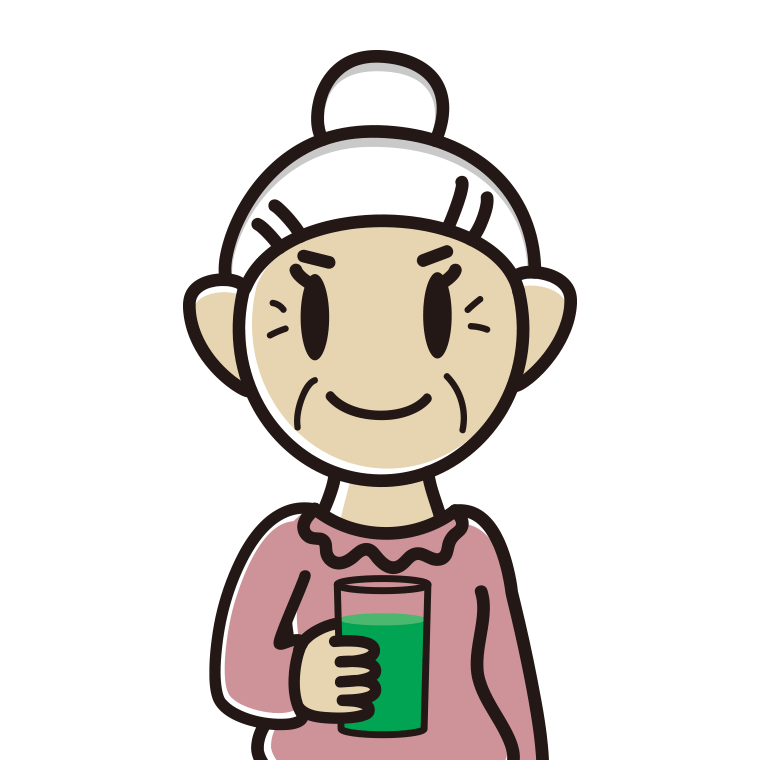 青汁を飲むおばあさんのイラスト【色あり、背景なし】透過PNG