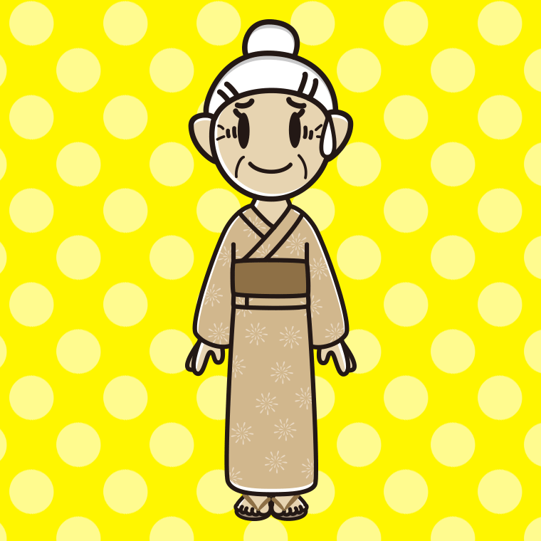 苦笑いする浴衣姿のおばあさんのイラスト【色、背景あり】PNG