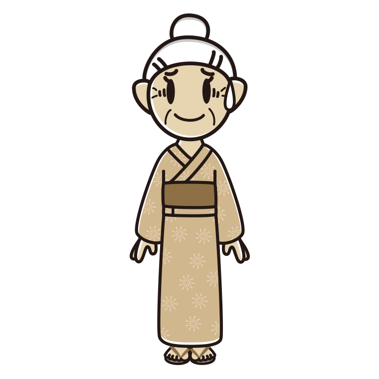 苦笑いする浴衣姿のおばあさんのイラスト【色あり、背景なし】透過PNG