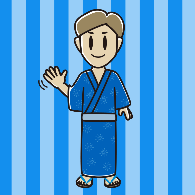 手を振る浴衣姿の男性のイラスト【色、背景あり】PNG
